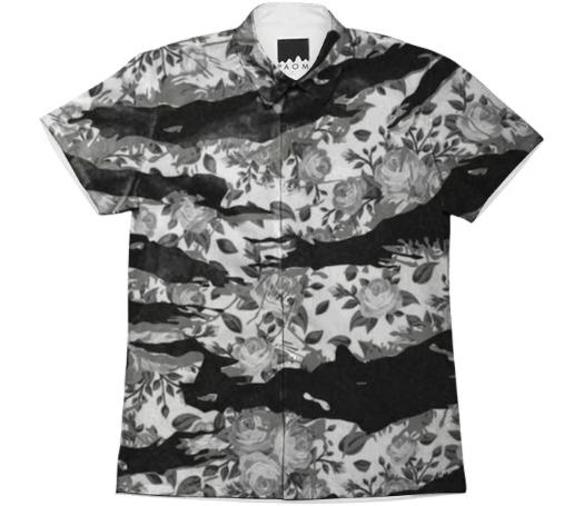 Garment Science Floral Tiger Camouflage Short Sleeve Button Up Work Shirt Monochrome Camo