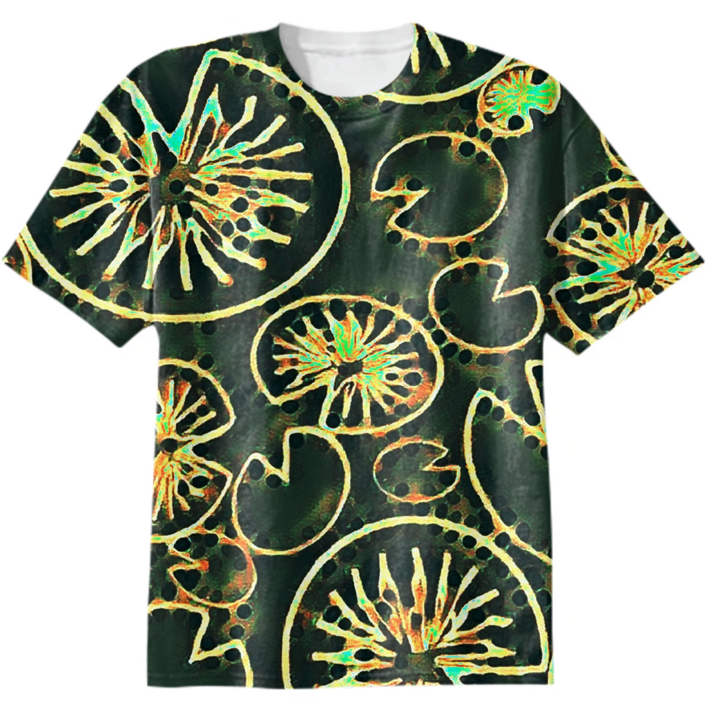 gears, steampunk, leaves, water lilies, golden glow, circles, rays