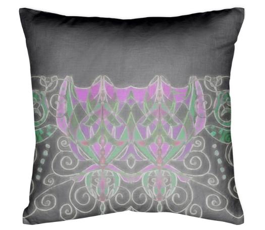 Black Pillow with Purple Green White Design