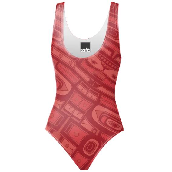 Coral Red Chilkat One Piece Swimsuit Bathingsuit