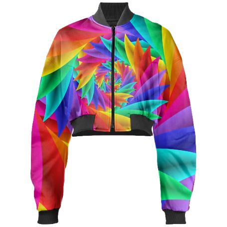 Psychedelic Rainbow Spiral Held Cropped Bomber Jacket