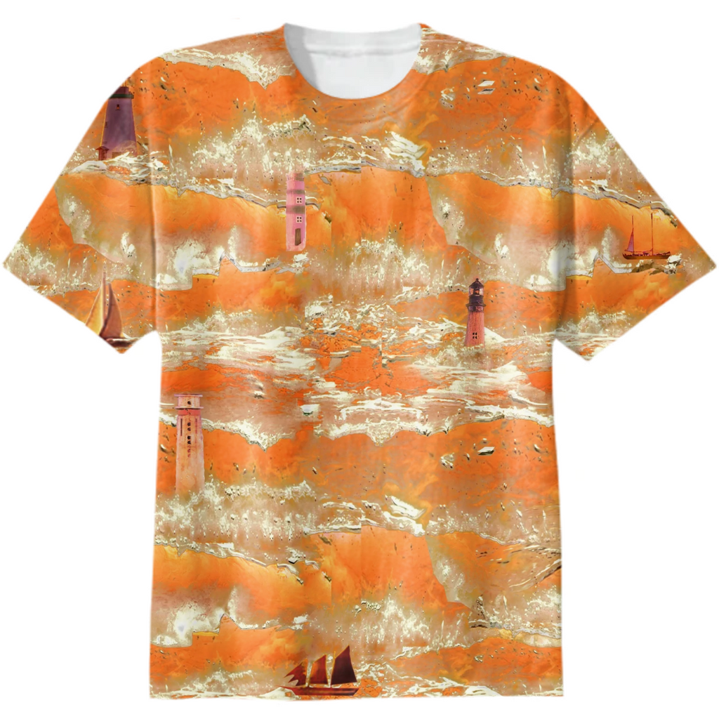 sea,sunrise, sunset, waves, foam, lighthouses, ships, sailboats, orange, white,