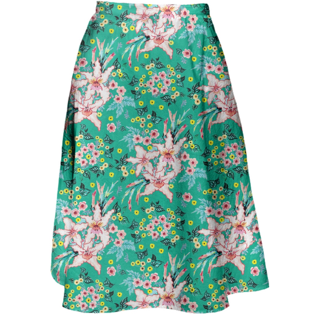 Tropical lily and yellow flowers on teal repeat pattern