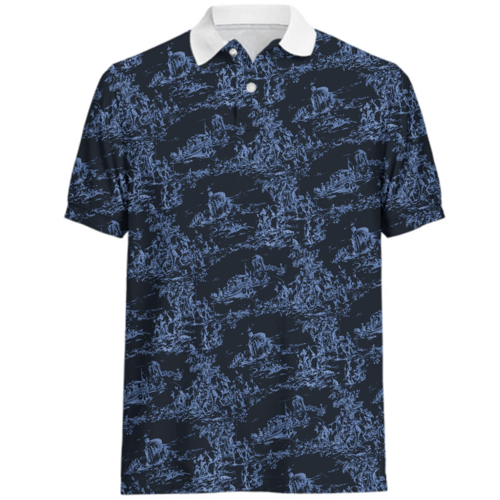 ghost toile blue vintage wallpaper midnight black polo shirt