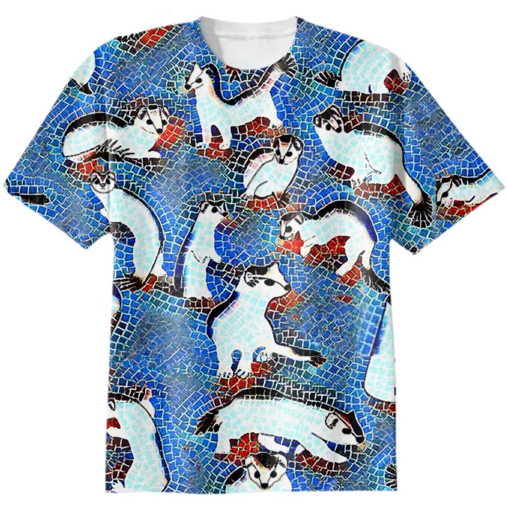 funny weasels, ermine, marten, kawaii, cute animals, fluffy, mosaic, geometry, blue