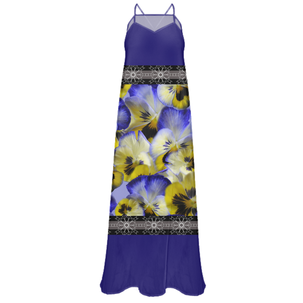Blue and Yellow Pansies Chiffon Maxi Dress