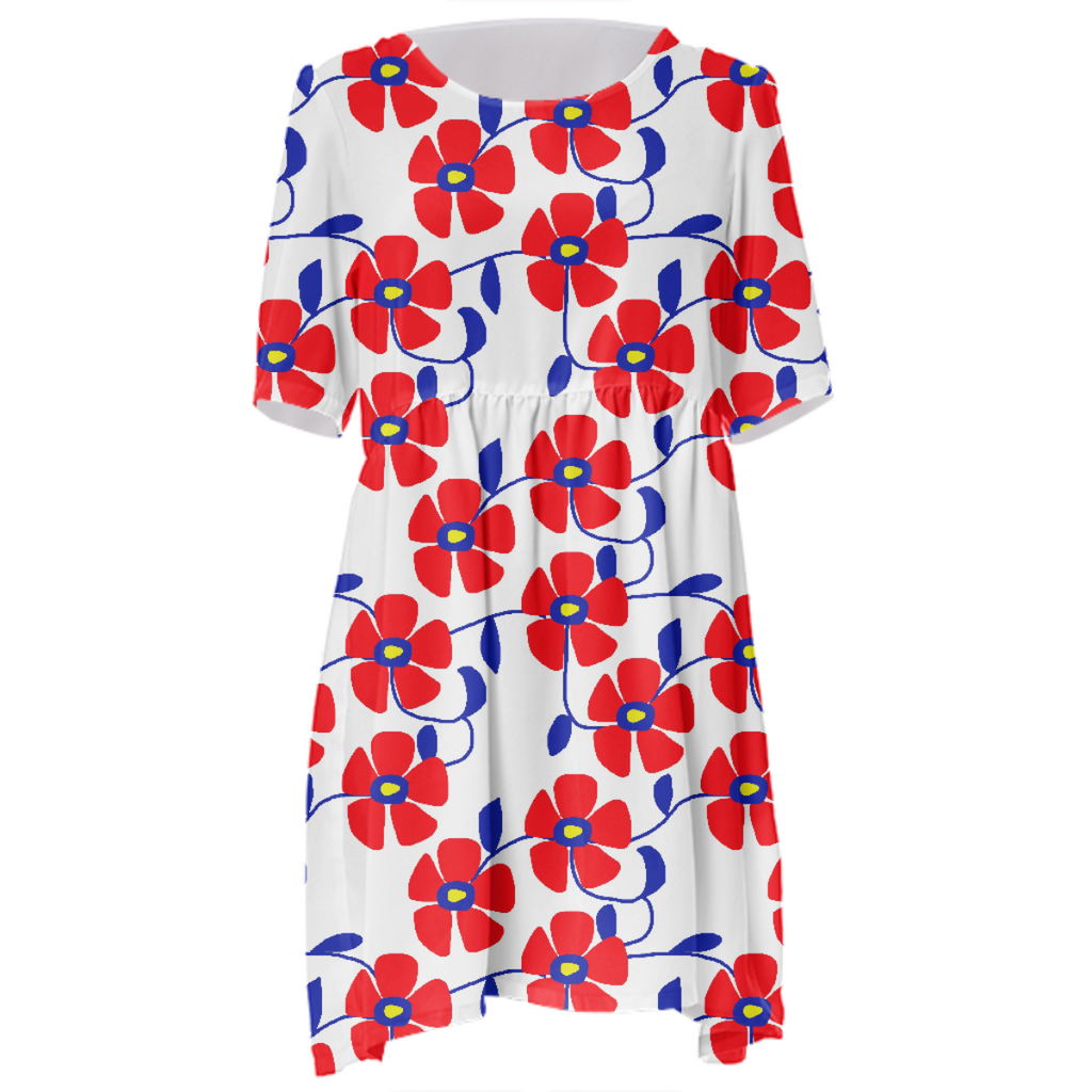 Red Flowers Blue Vines Babydoll Dress