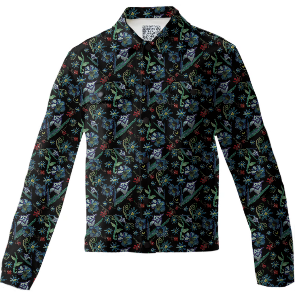 Watercolor Flowers On Black Twill Jacket