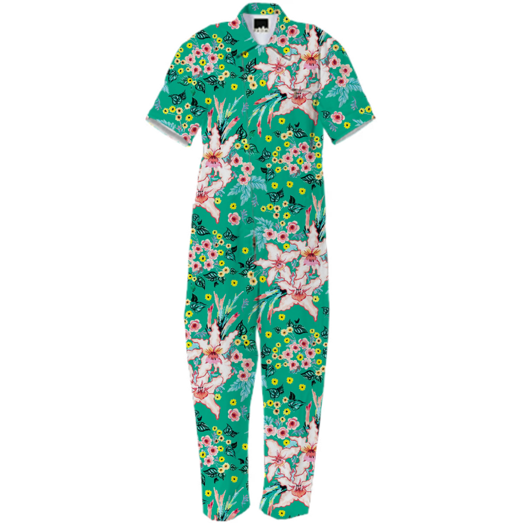 Tropical lily and yellow flowers on teal repeat pattern