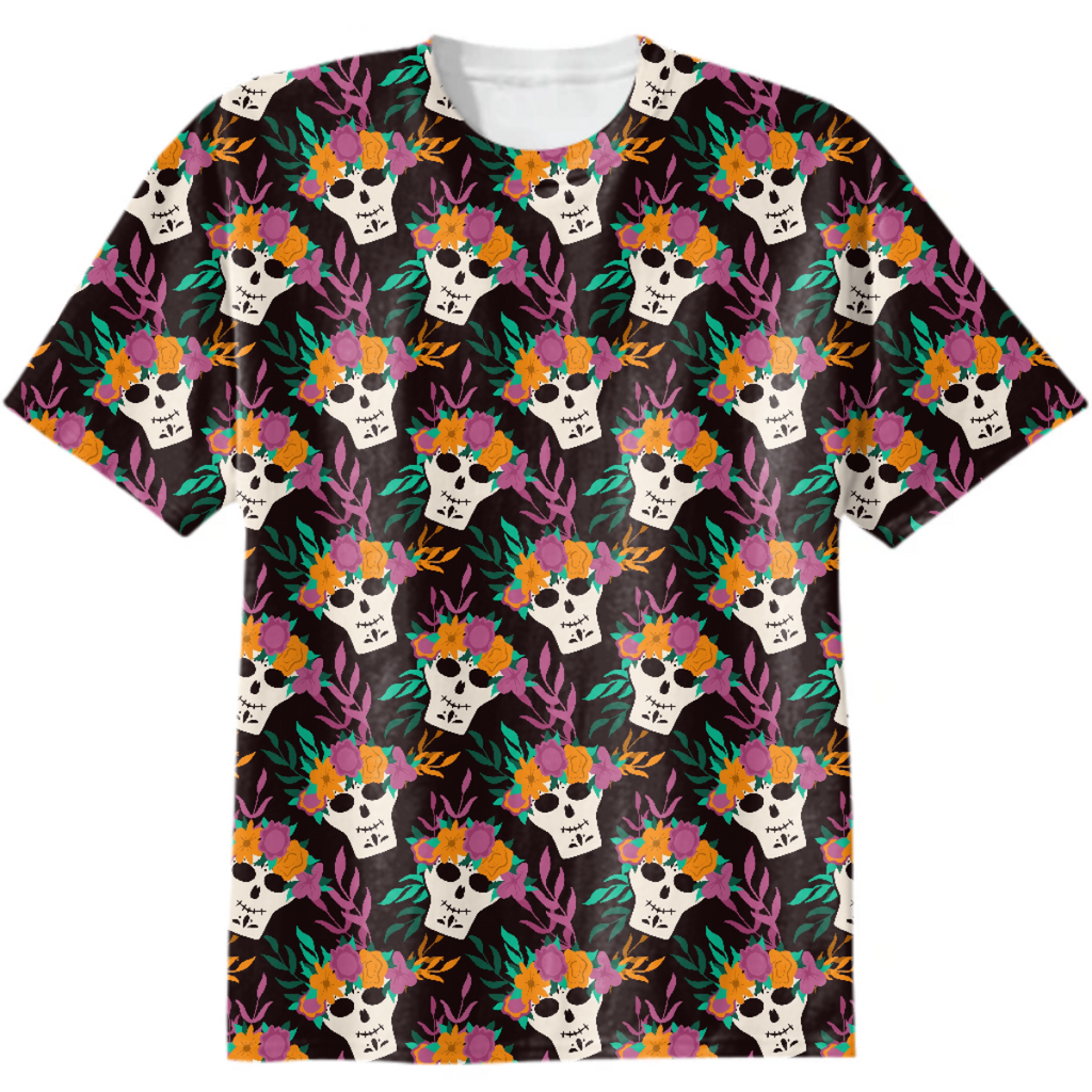 Dia de Los Muertos, traditional Mexican Halloween flat cartoon seamless pattern with floral decoration. Sugar skull, skeleton head for Day of the dead.