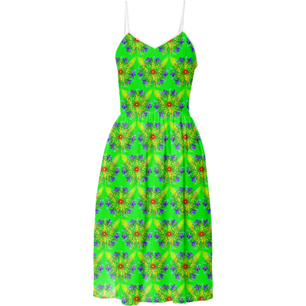 Flower Doodle on Green Summer Dress