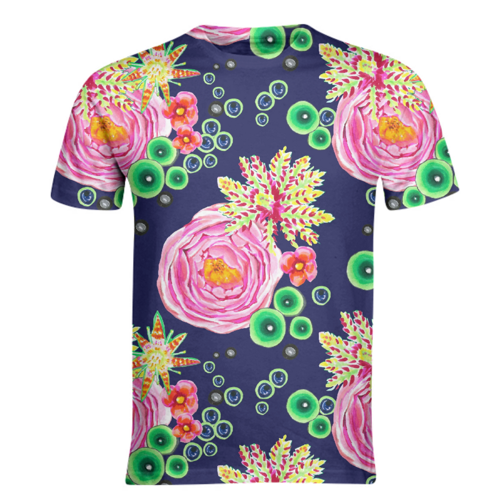Tropical and pink rose floral with neon green bubbles on navy