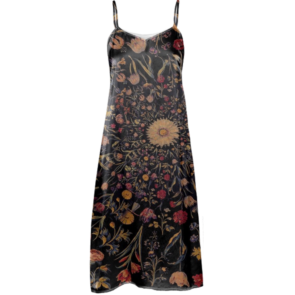 Medieval Flowers On Black Slip Dress