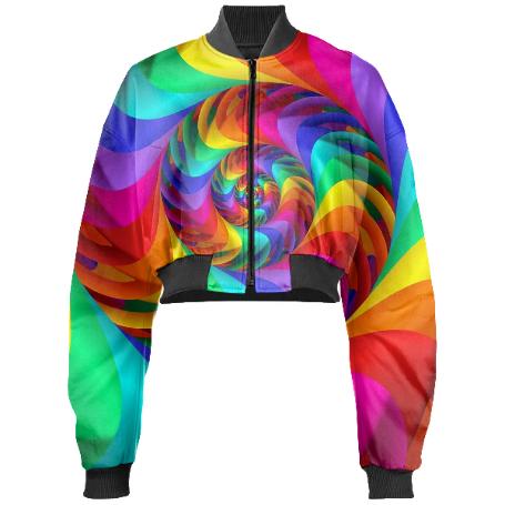 Psychedelic Rainbow Spiral Held Cropped Bomber Jacket