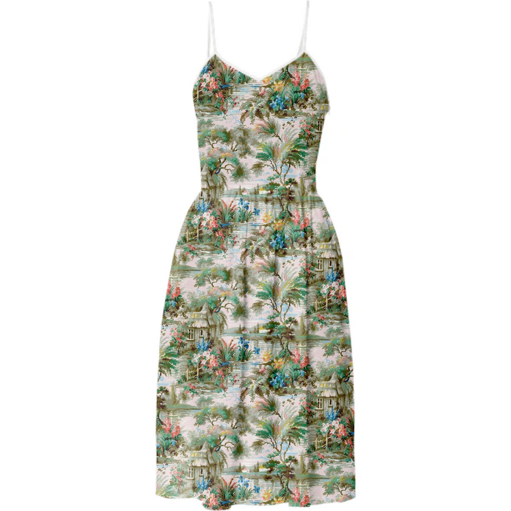 countryside cottagecore oasis toile vintage wallpaper pattern summer dress