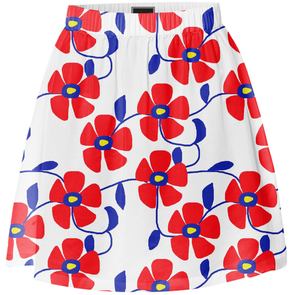Red Flowers Blue Vines Summer Skirt
