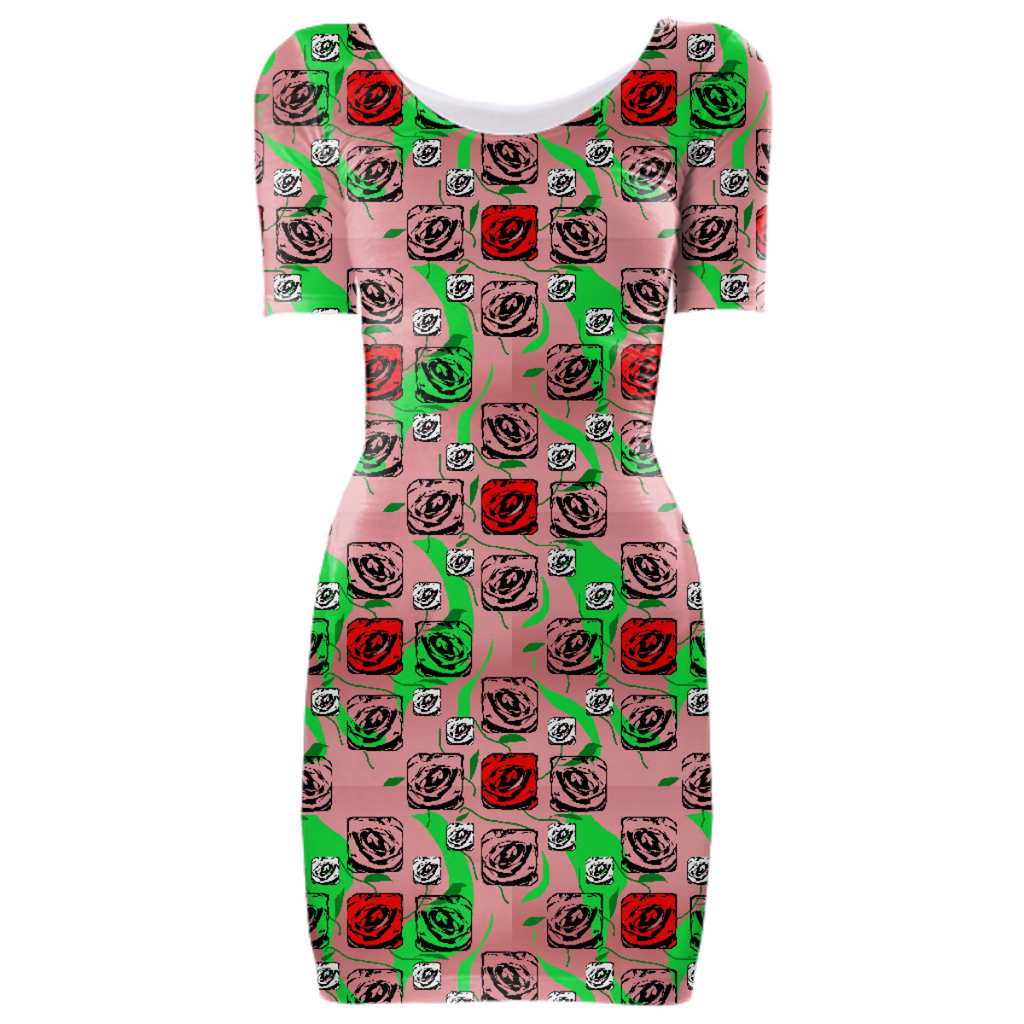 Red and White Roses On Pink Bodycon Dress