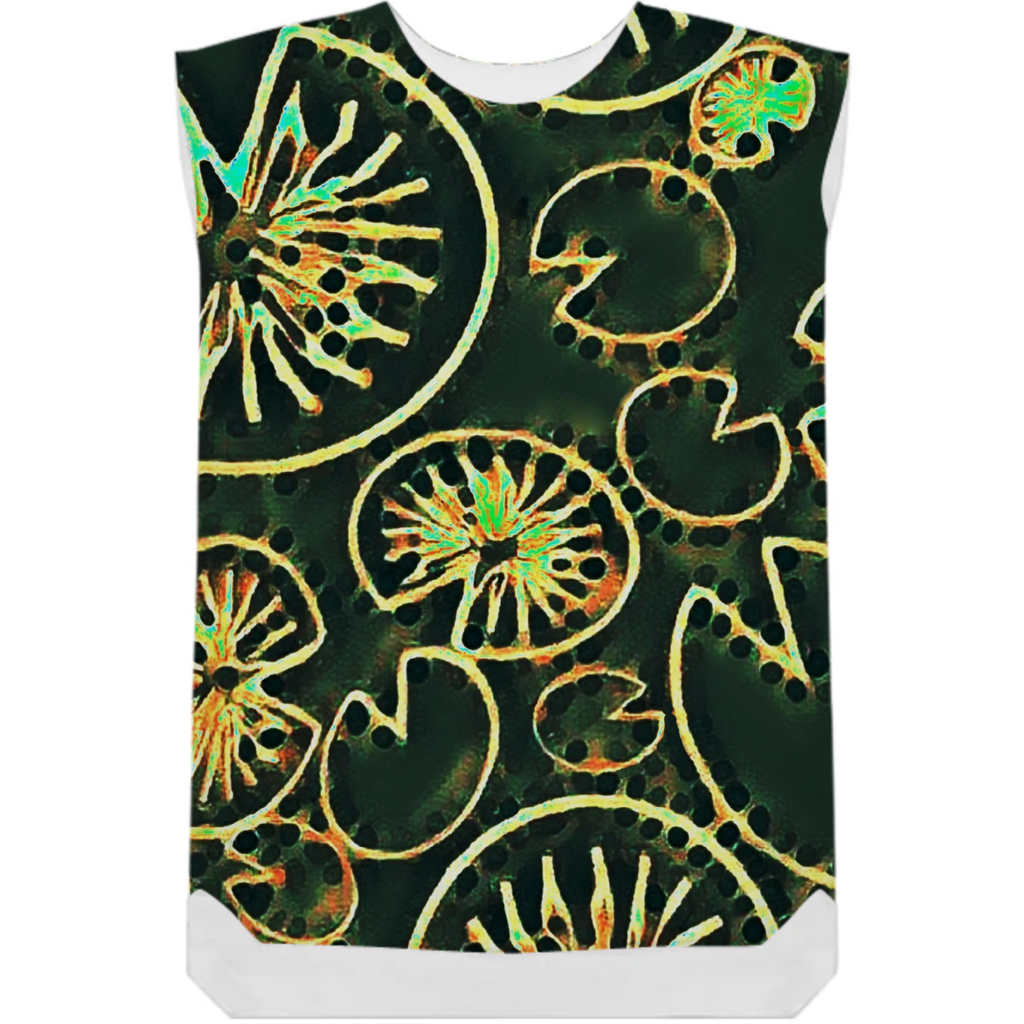 green rays circles, glow, golden lilies, water leaves, steampunk, gears,