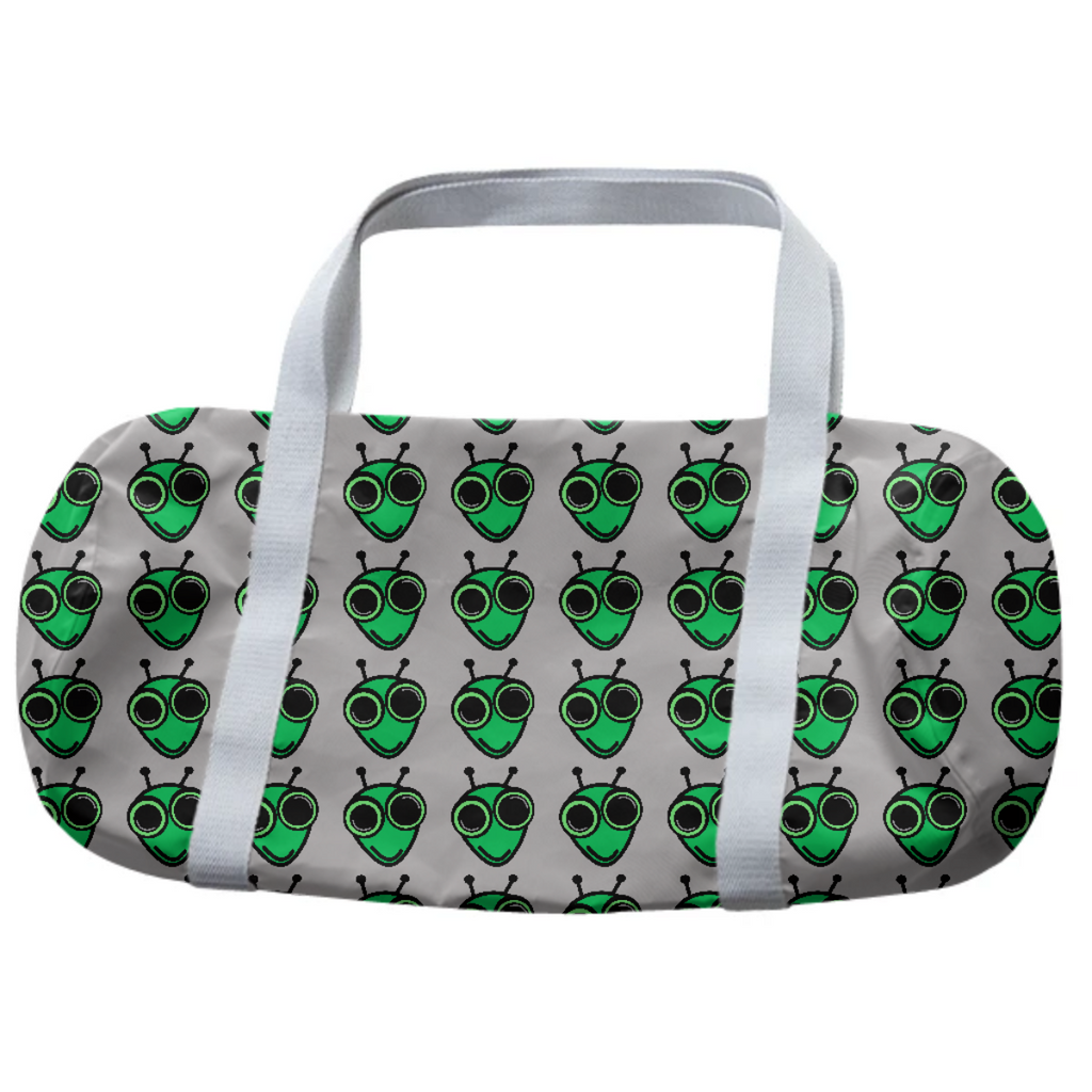 Gray duffle bag with green aliens