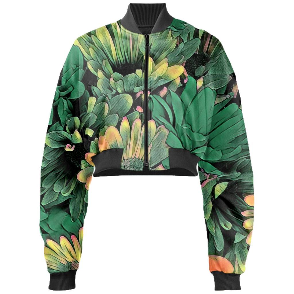 Green Blossoms Cropped Bomber Jacket