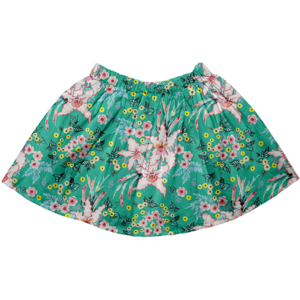 Tropical lily and yellow flowers on teal repeat pattern