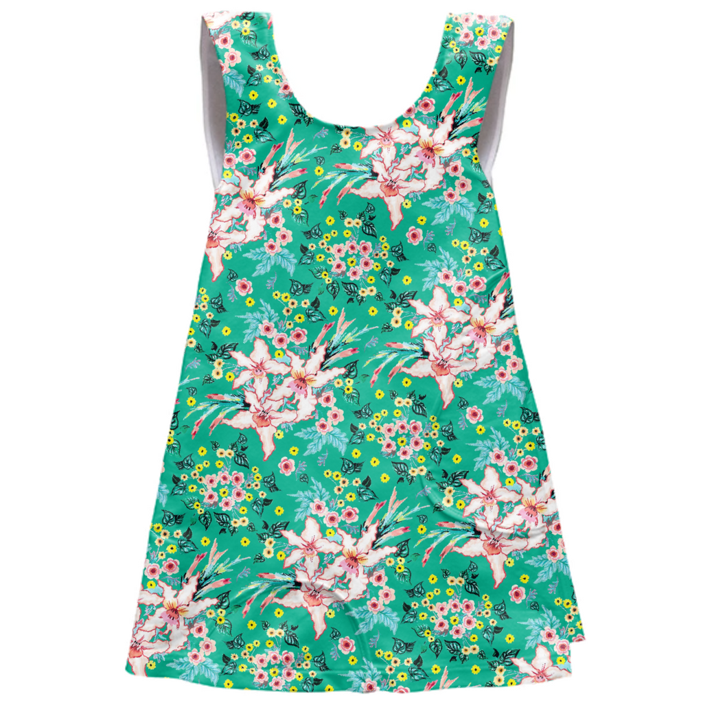 Tropical lily and yellow flowers on teal repeat pattern