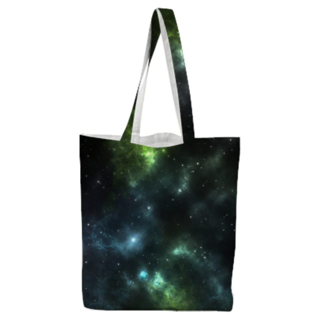 Colorful and magical, aesthetic nebula universe design  green blue tote bag