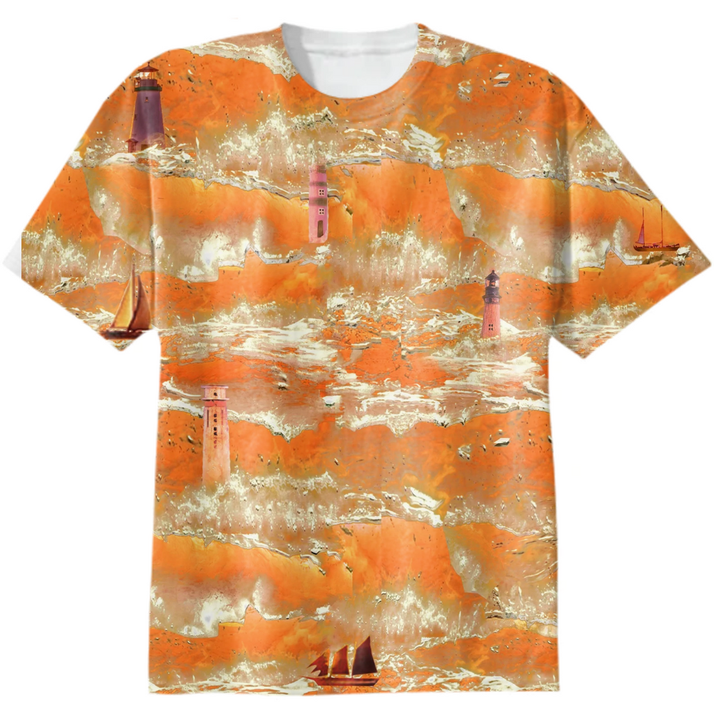 sea,sunrise, sunset, waves, foam, lighthouses, ships, sailboats, orange, white,