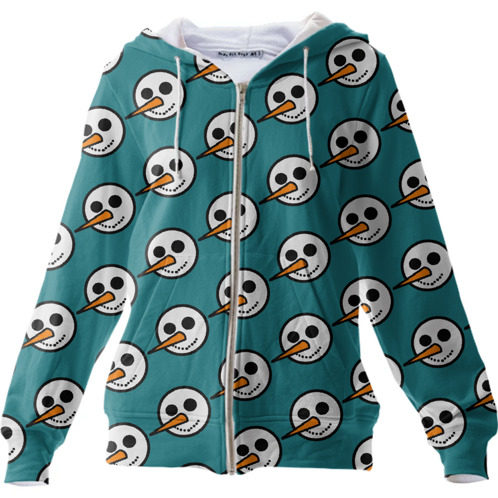 Snowman pattern blue zip-up hoodie