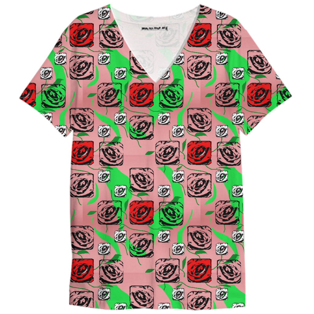 Red and White Roses Pattern on Pink V-Neck Shirt