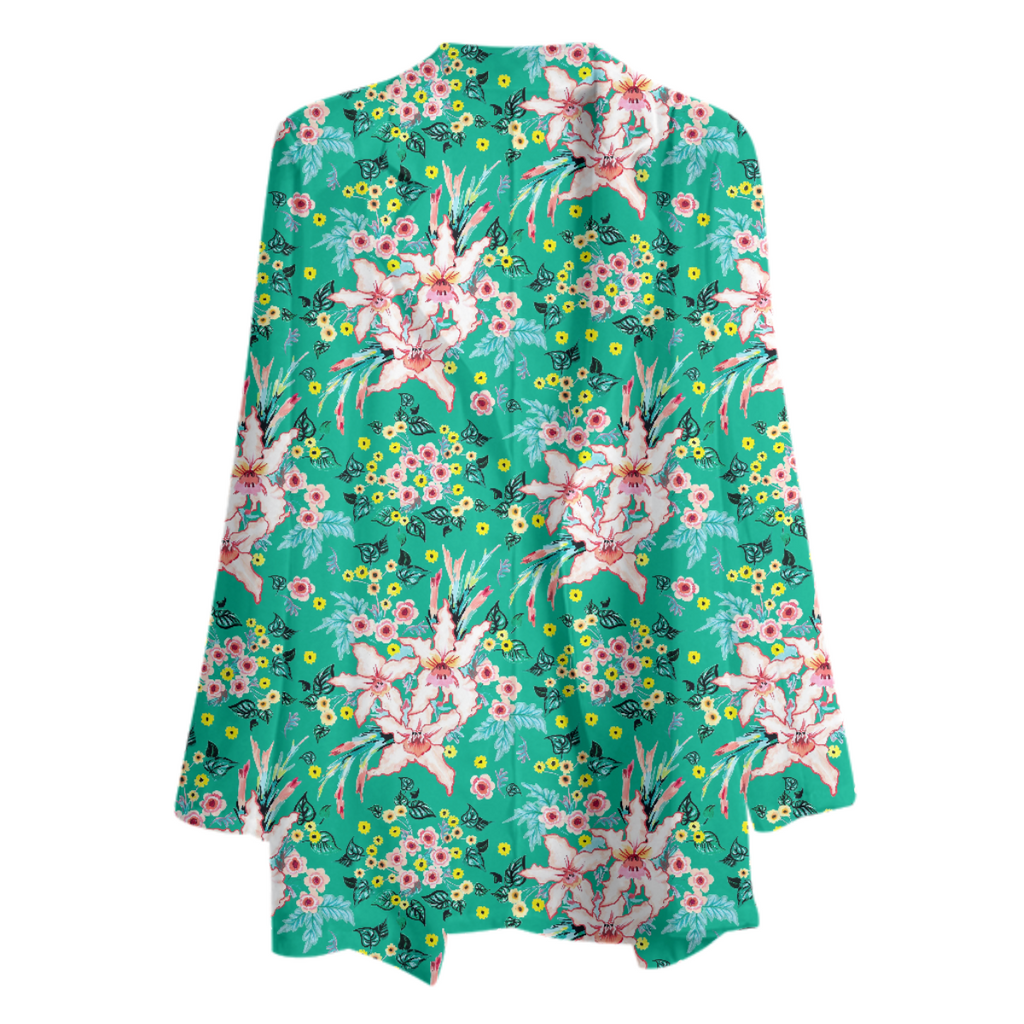 Tropical lily and yellow flowers on teal repeat pattern