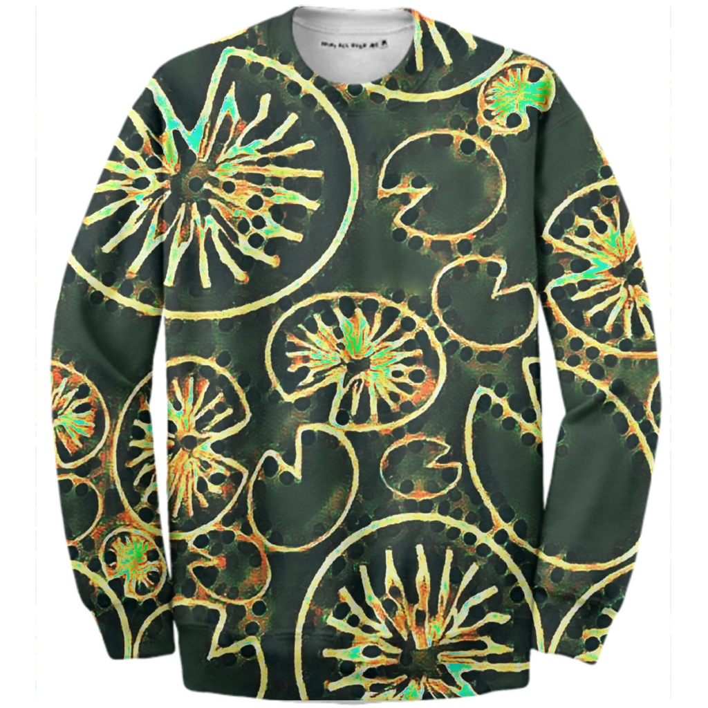 green rays circles, glow, golden lilies, water leaves, steampunk, gears,