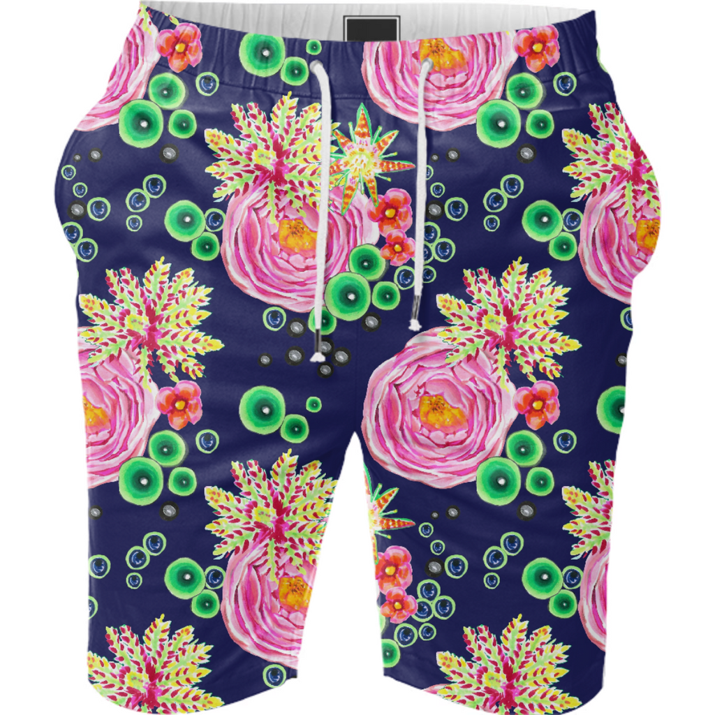 Hand drawn pink rose floral with neon green bubbles on navy