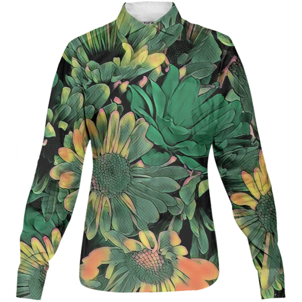 Green Blossoms Womens Button Down Shirt