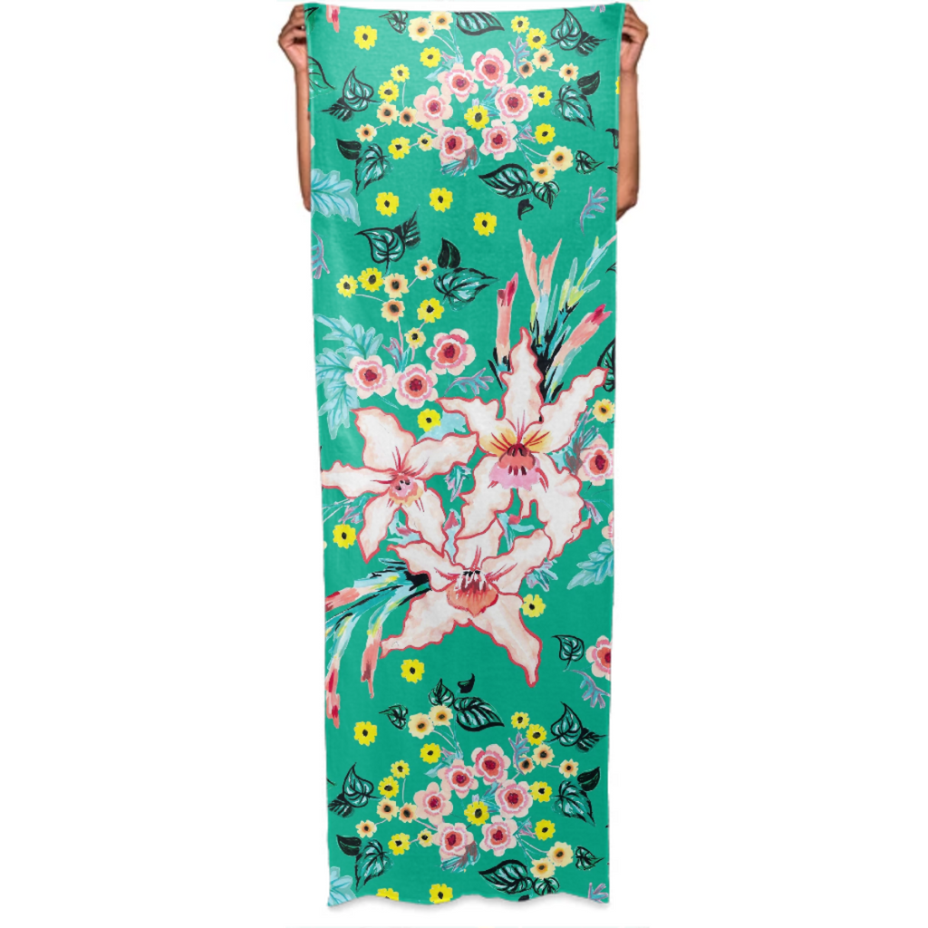 Tropical lily and yellow flowers on teal repeat pattern