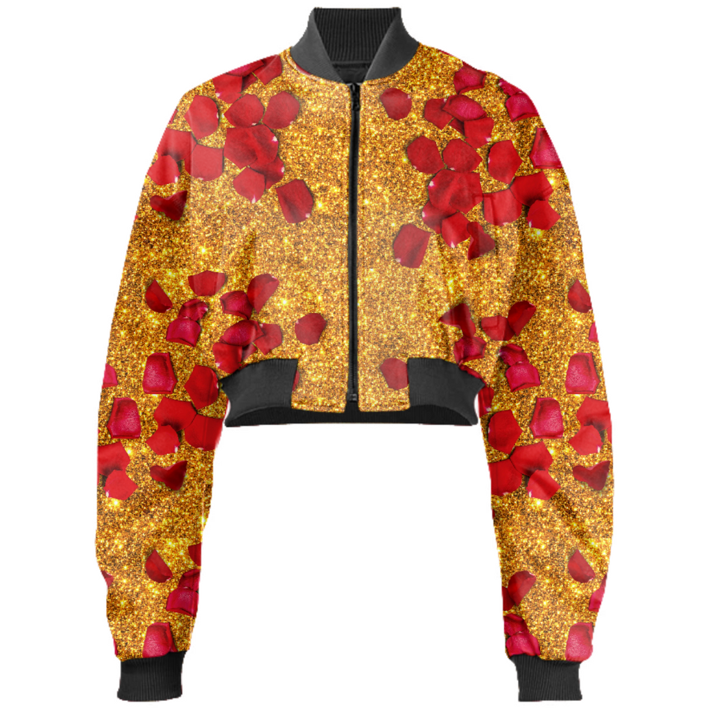 Gold Glitter and Rose Petals Cropped Bomber Jacket