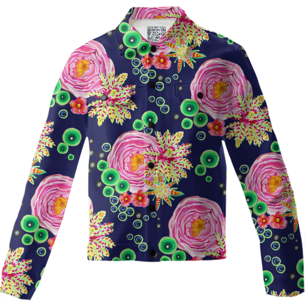 Tropical and pink rose floral with neon green bubbles on navy