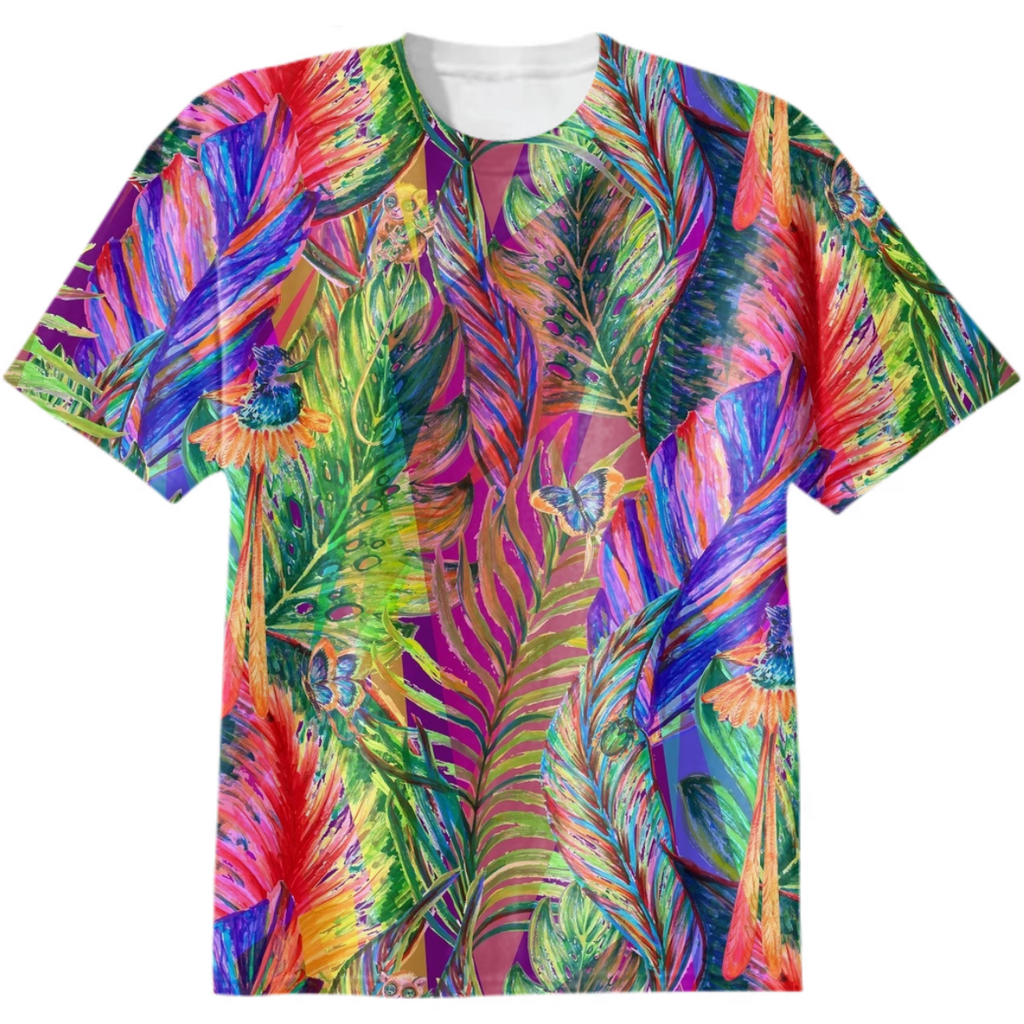 Tropical jungle with animal creatures in rainbow