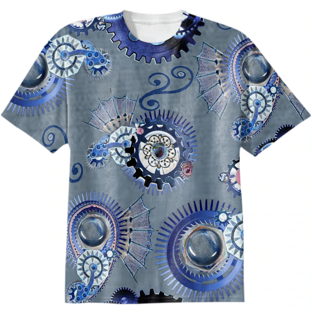 gears, paisley, denim, monochrome, surrealism, steampunk, blue, pink,