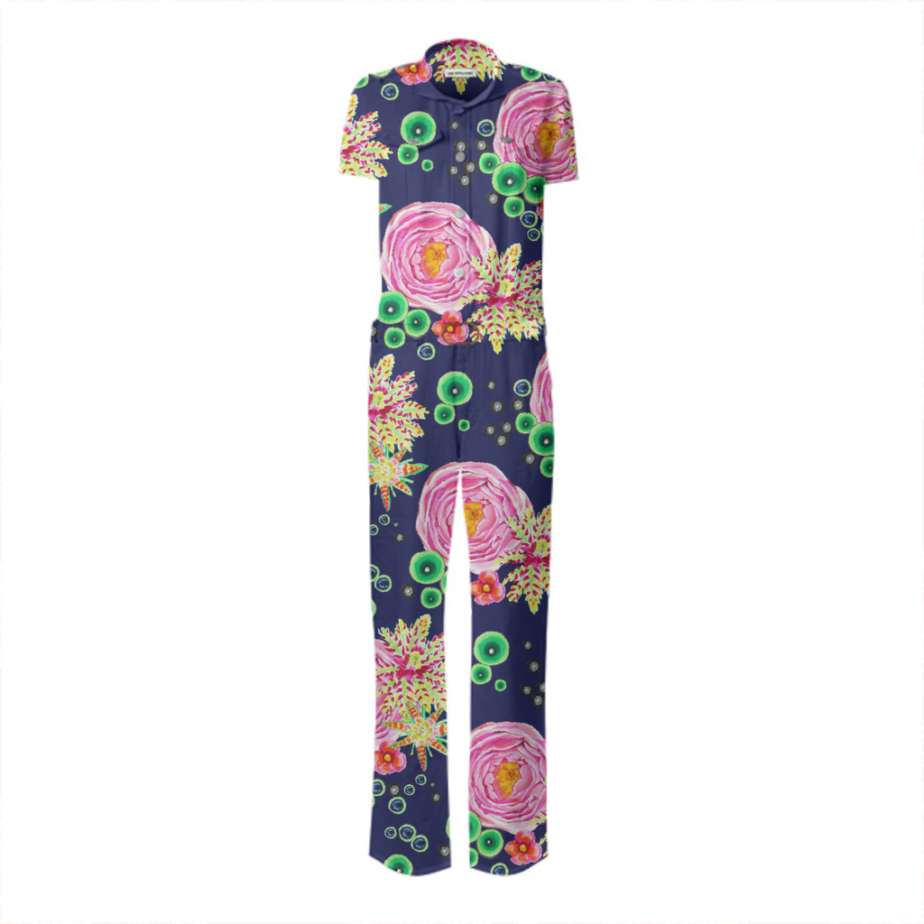 Hand drawn pink rose floral with neon green bubbles on navy