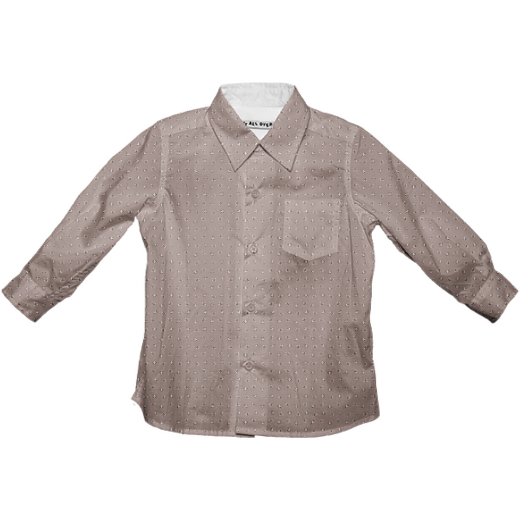 Classic collared button up shirt for first day of school. Beige with small plant accents.