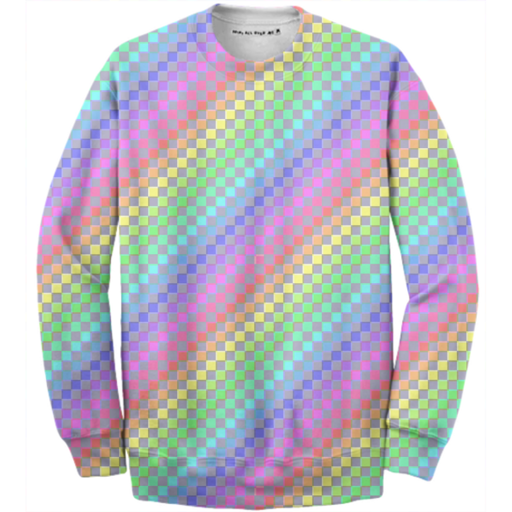 rainbow glitch blocks on blue-ish gray