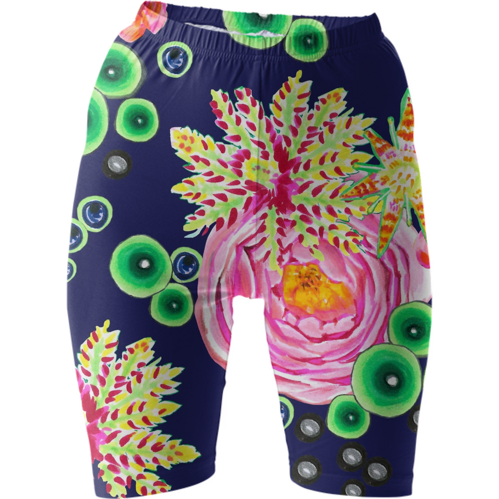 Hand drawn pink rose floral with neon green bubbles on navy