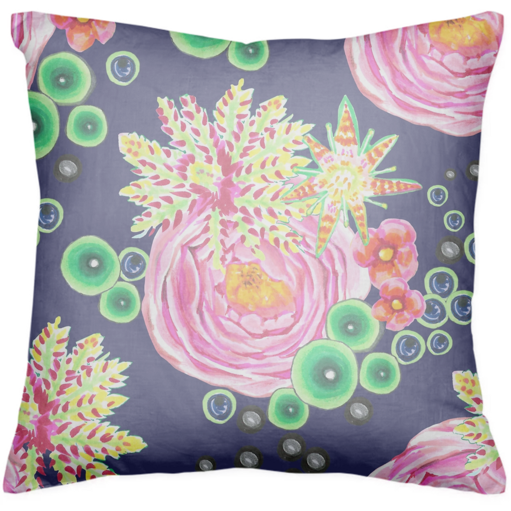 Hand drawn pink rose floral with neon green bubbles on navy