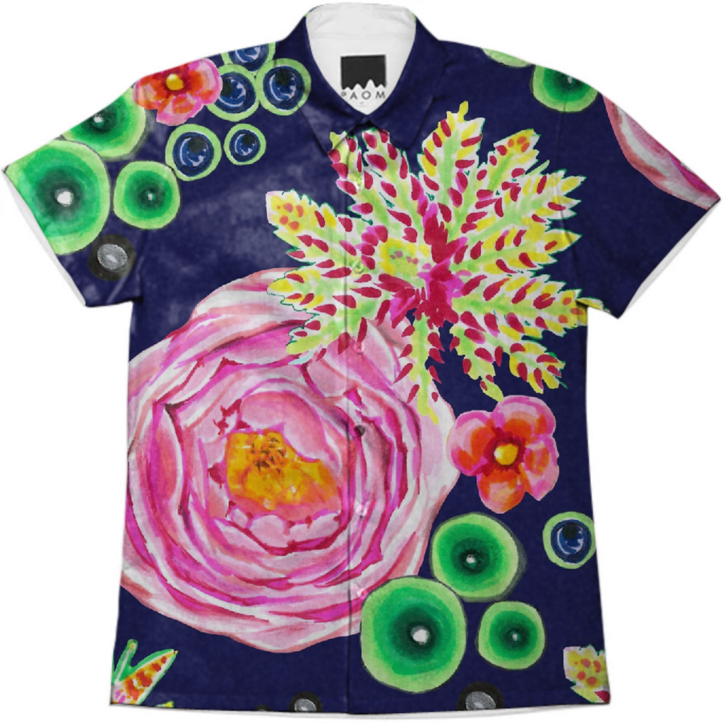 Hand drawn pink ink rose and tropical neon bubbles