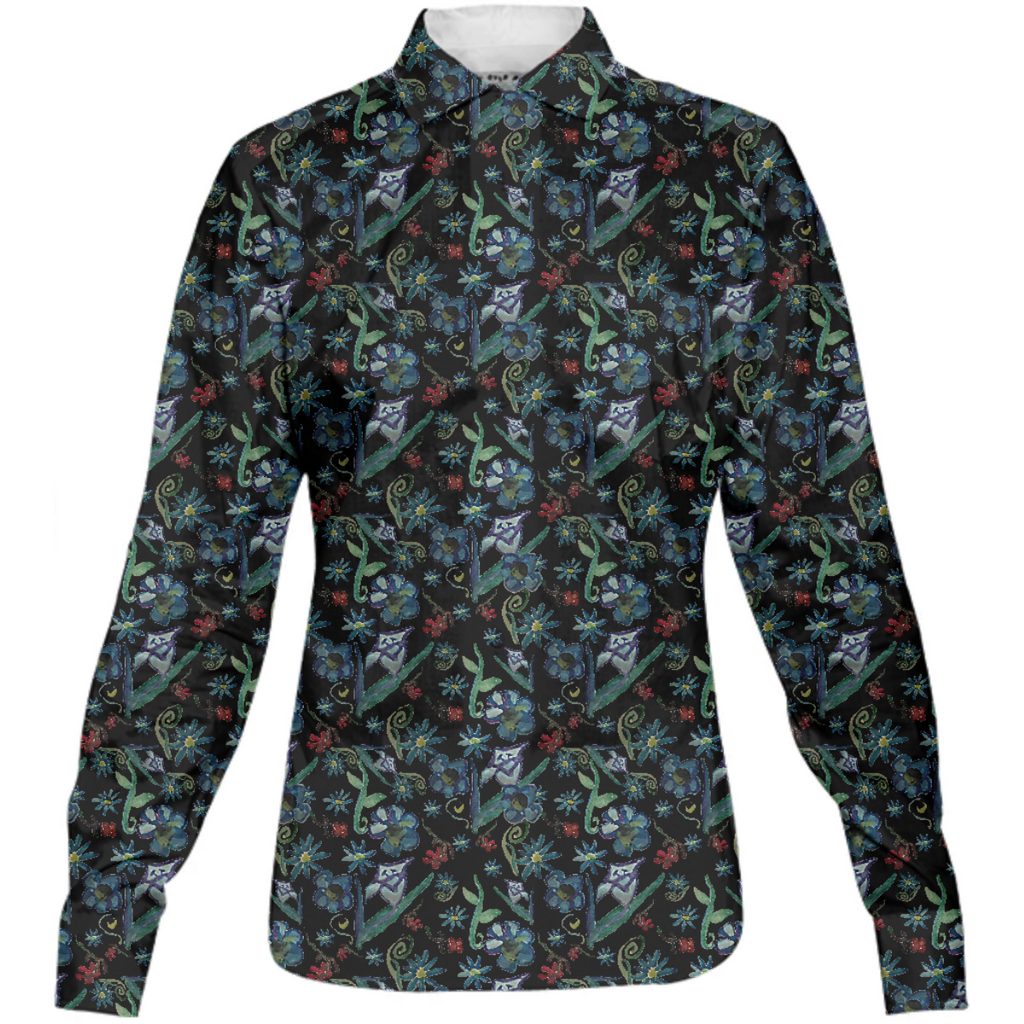 Water color Flowers On Black Womens Button Down