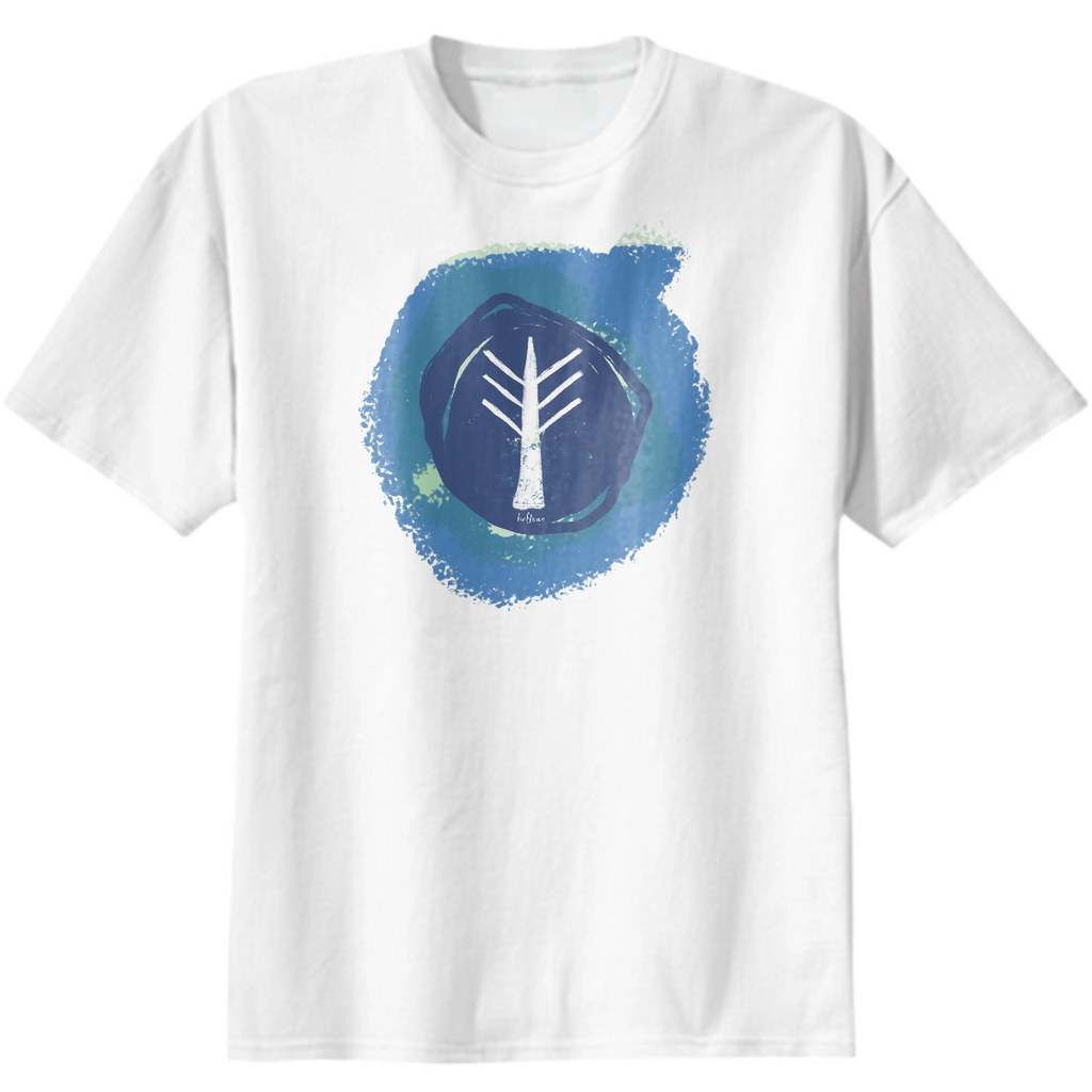 Celtic Symbols in white on a blue abstract circle with a pale green background. Symbols represent the earth during the solstice.