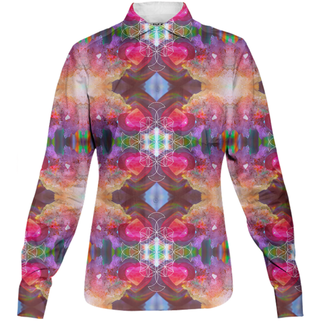 rainbow amethyst and rose quartz crystal rainbow mandala ~ button down shirt  ~ design 01