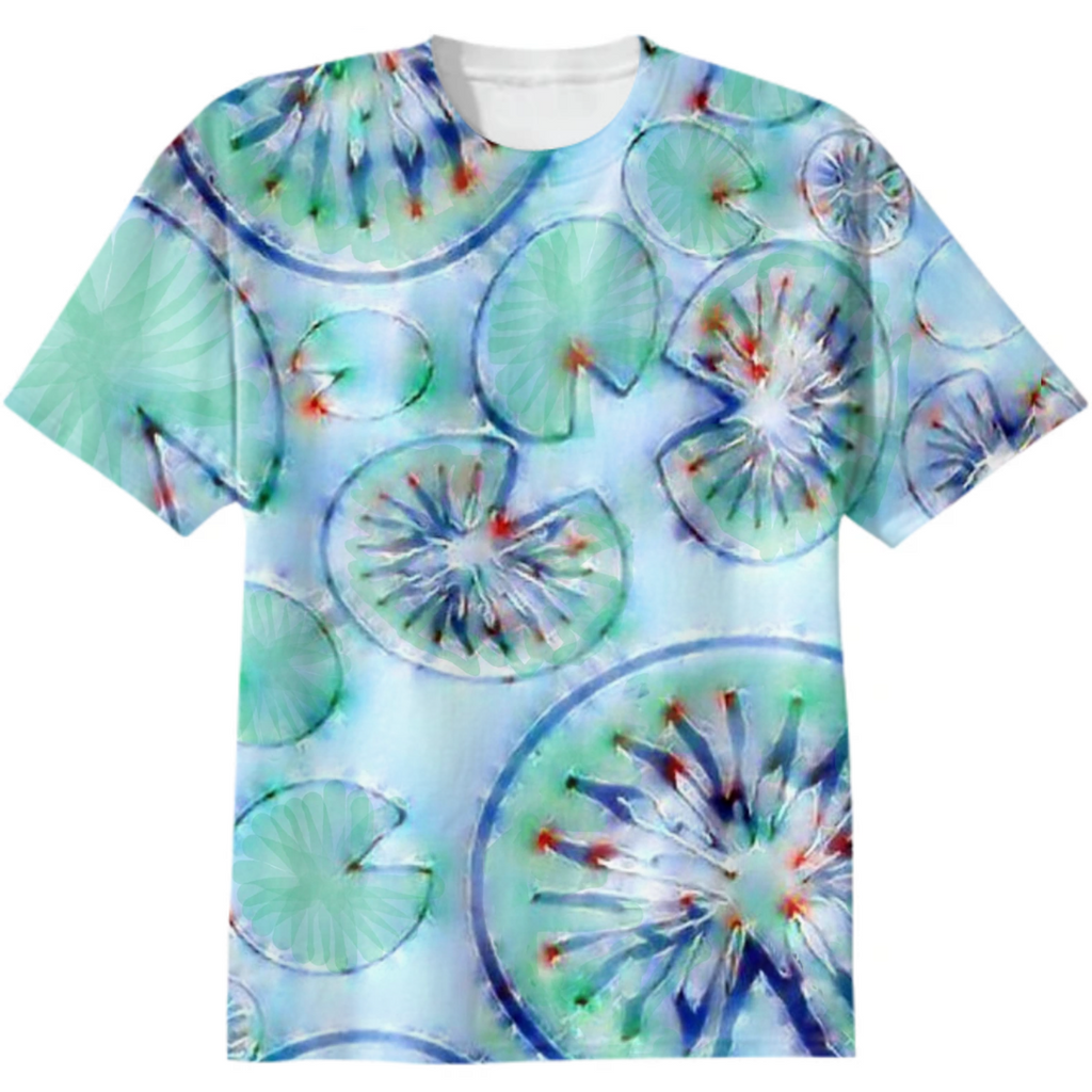 tai dai, blue pond, lotus leaves, circles, rays, abstract art, blue, green