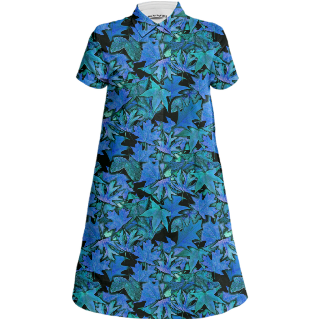 Blue Fall Leaves Mini Shirt Dress